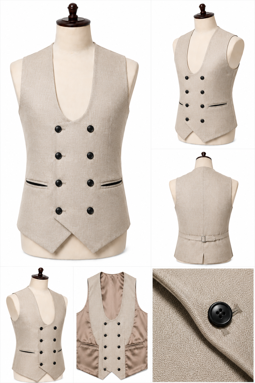 Beige Double Breasted U-Shaped Waistcoat